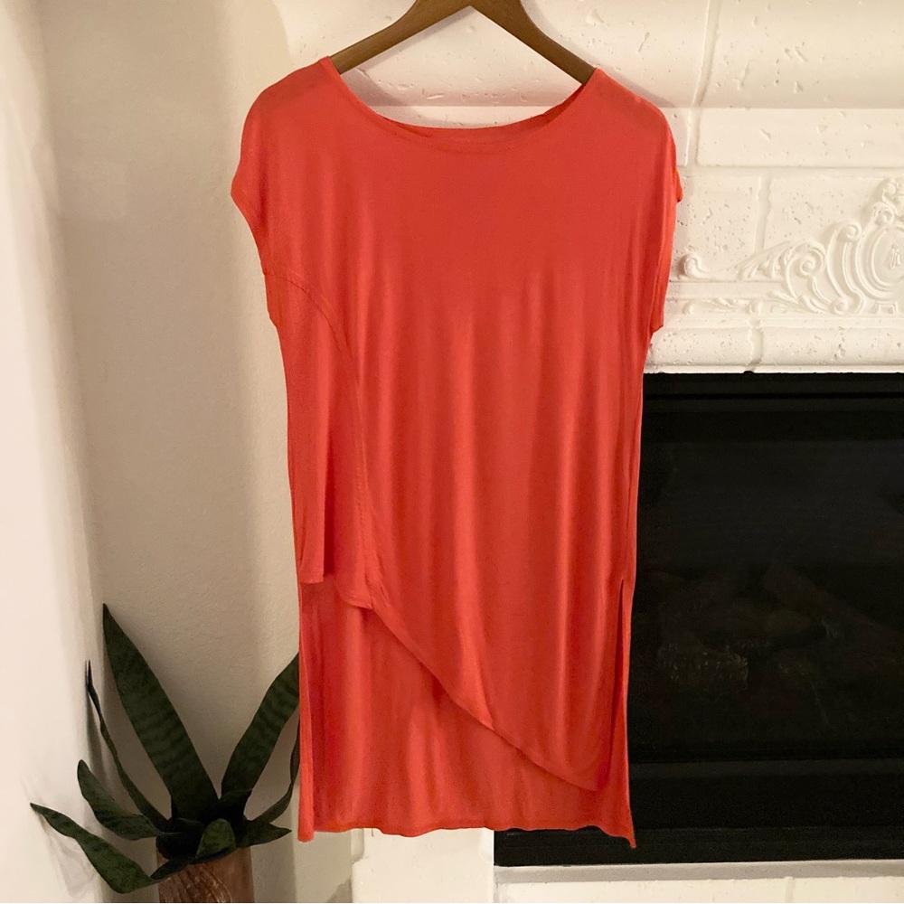 Chico’s Coral Short Sleeve Tunic Top Asymmetrical Size Small S